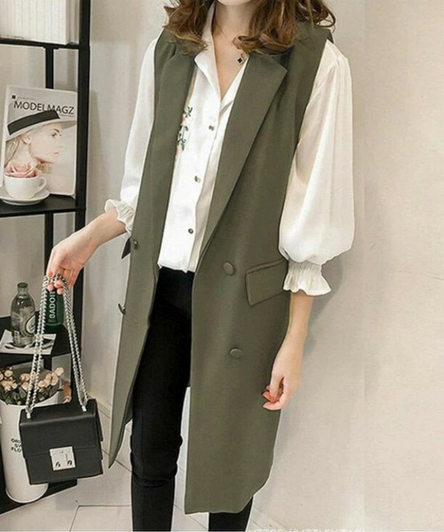 AMELY(エミリー)の「ロングジレベスト(ベスト・レディース・キャメル/カーキ/ブラック・M/L/XL)」の1枚目の写真