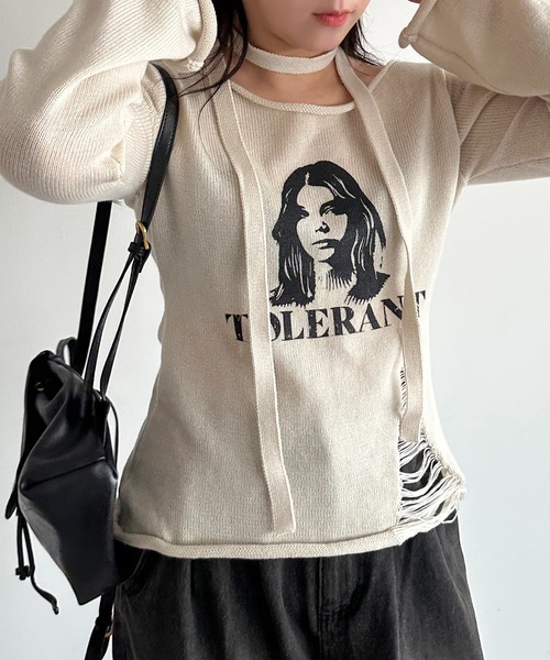 apres jour mignon（アプレジュールミニョン）の「チョーカー付きダメージニット【ZOZOTOWN限定アイテム】（ニット/セーター・レディース・アイボリー/ブラック/ブラック系その他・フリー/X-LARGE）」の7枚目の写真