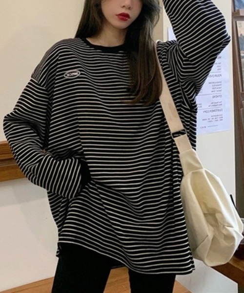 Per sist ence(パーシエンス)の「ワンポイントボーダー BIG長袖Tシャツ(Tシャツ/カットソー・レディース・ホワイト/ブラック・FREE)」の2枚目の写真
