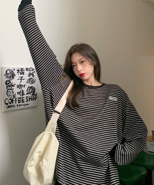 Per sist ence(パーシエンス)の「ワンポイントボーダー BIG長袖Tシャツ(Tシャツ/カットソー・レディース・ホワイト/ブラック・FREE)」の13枚目の写真