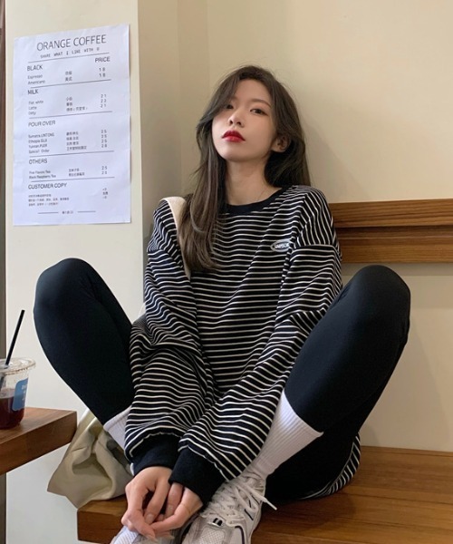 Per sist ence(パーシエンス)の「ワンポイントボーダー BIG長袖Tシャツ(Tシャツ/カットソー・レディース・ホワイト/ブラック・FREE)」の15枚目の写真