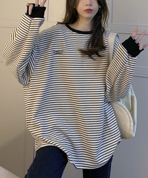 Per sist ence(パーシエンス)の「ワンポイントボーダー BIG長袖Tシャツ(Tシャツ/カットソー・レディース・ホワイト/ブラック・FREE)」の7枚目の写真