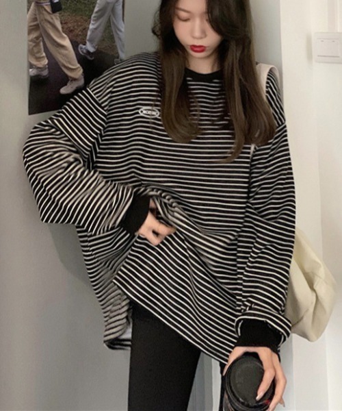 Per sist ence(パーシエンス)の「ワンポイントボーダー BIG長袖Tシャツ(Tシャツ/カットソー・レディース・ホワイト/ブラック・FREE)」の16枚目の写真