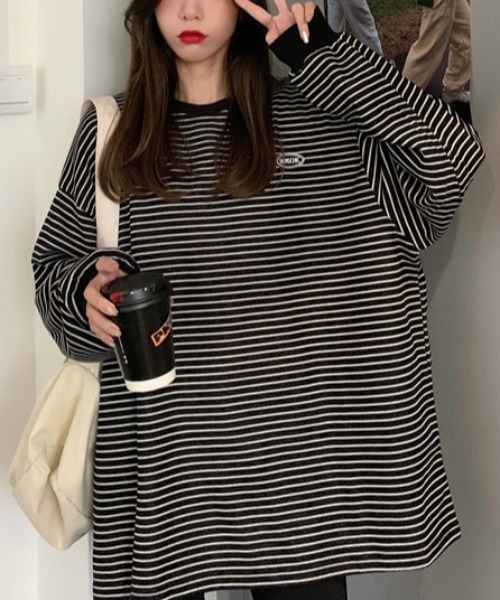 Per sist ence(パーシエンス)の「ワンポイントボーダー BIG長袖Tシャツ(Tシャツ/カットソー・レディース・ホワイト/ブラック・FREE)」の17枚目の写真