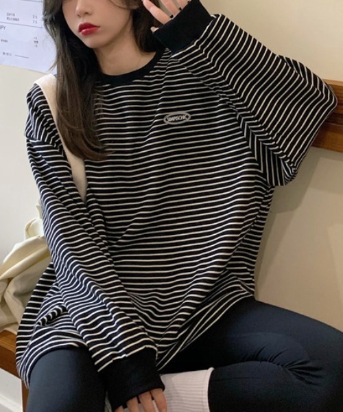 Per sist ence(パーシエンス)の「ワンポイントボーダー BIG長袖Tシャツ(Tシャツ/カットソー・レディース・ホワイト/ブラック・FREE)」の19枚目の写真