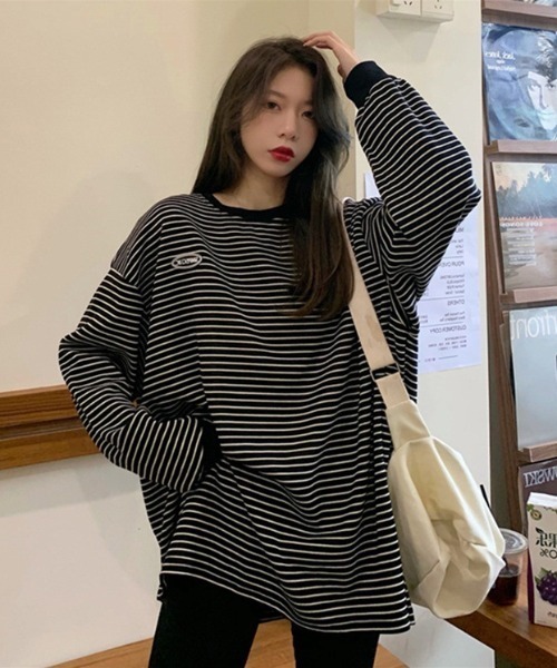 Per sist ence(パーシエンス)の「ワンポイントボーダー BIG長袖Tシャツ(Tシャツ/カットソー・レディース・ホワイト/ブラック・FREE)」の20枚目の写真