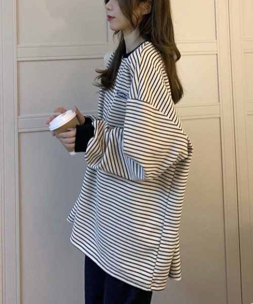 Per sist ence(パーシエンス)の「ワンポイントボーダー BIG長袖Tシャツ(Tシャツ/カットソー・レディース・ホワイト/ブラック・FREE)」の6枚目の写真