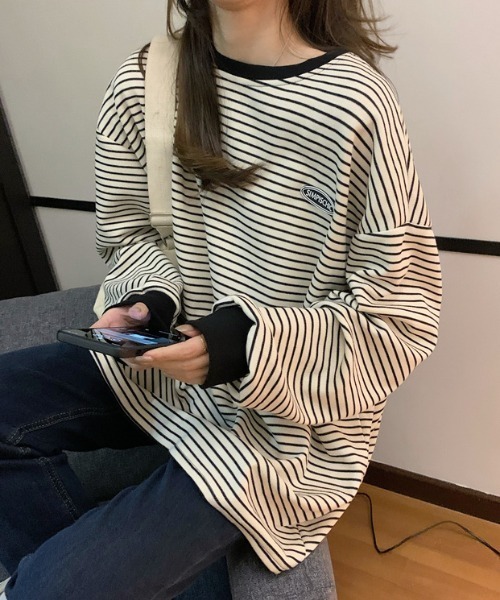 Per sist ence(パーシエンス)の「ワンポイントボーダー BIG長袖Tシャツ(Tシャツ/カットソー・レディース・ホワイト/ブラック・FREE)」の11枚目の写真