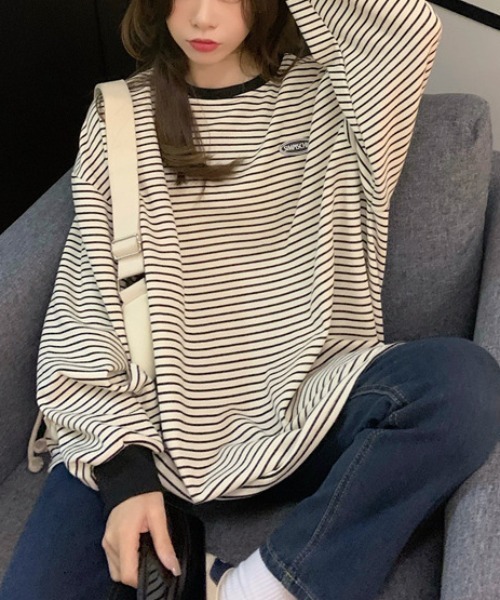 Per sist ence(パーシエンス)の「ワンポイントボーダー BIG長袖Tシャツ(Tシャツ/カットソー・レディース・ホワイト/ブラック・FREE)」の8枚目の写真
