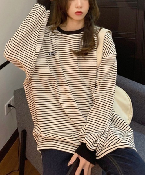 Per sist ence(パーシエンス)の「ワンポイントボーダー BIG長袖Tシャツ(Tシャツ/カットソー・レディース・ホワイト/ブラック・FREE)」の10枚目の写真
