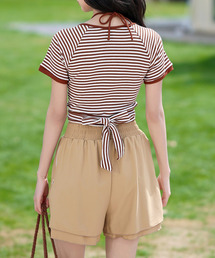 TeddyShop | レディース水着 半袖ボーダー柄ホルターネックバックリボンクロップドビキニ 上下2点セット【WEB限定】(水着)