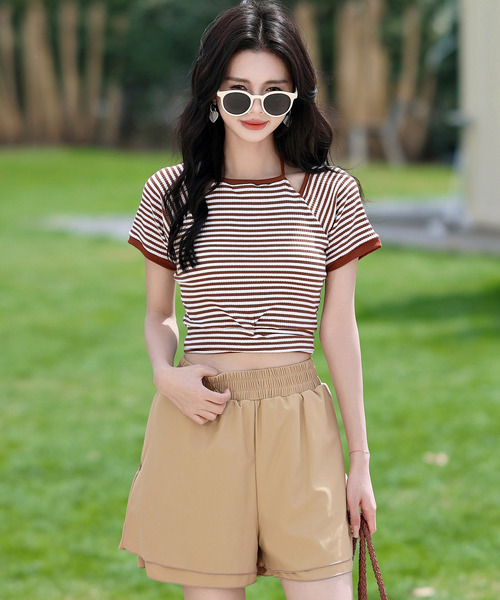 TeddyShop（テディショップ）の「レディース水着 半袖ボーダー柄ホルターネックバックリボンクロップドビキニ 上下2点セット【WEB限定】（水着・レディース・ネイビー/ブラック×ブラック/ブラック×グレー/ブラウン系その他/ブラック×グリーン・S/M/L）」の21枚目の写真