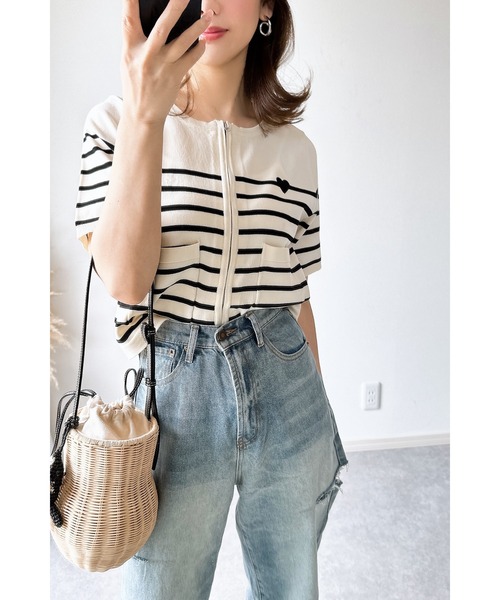 &. NOSTALGIA(アンドドットノスタルジア)の「【ZOZO限定】スポンディッシュジップショートカーデ(カーディガン/ボレロ・レディース・ブラック/ホワイト×ブラック/アイボリー・M)」の15枚目の写真