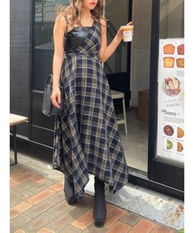 EVRIS | フェイクレザードッキングチェックロングワンピース(ワンピース)