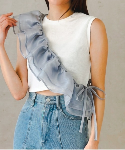Per sist ence(パーシエンス)の「ラメオーガンジーサッシュ(Tシャツ/カットソー・レディース・オフホワイト/グレー/ブラック・FREE)」の3枚目の写真