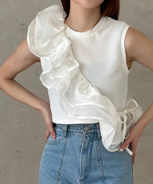 Per sist ence(パーシエンス)の「ラメオーガンジーサッシュ(Tシャツ/カットソー・レディース・オフホワイト/グレー/ブラック・FREE)」の1枚目の写真