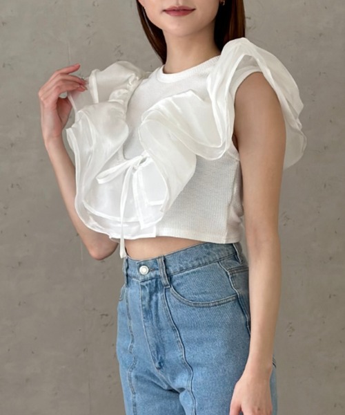 Per sist ence(パーシエンス)の「ラメオーガンジーサッシュ(Tシャツ/カットソー・レディース・オフホワイト/グレー/ブラック・FREE)」の9枚目の写真