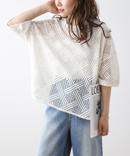 La-gemme(ラジェム)の「透かし編みサマートップス(Tシャツ/カットソー・レディース・ブラック/ホワイト・フリー)」の5枚目の写真
