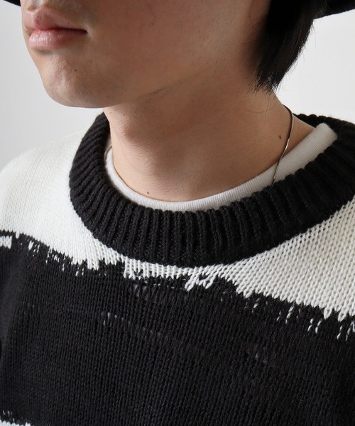 セール】Distressed border crew knit / ダメージ加工ボーダー