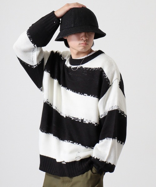 JEEP(ジープ)ストリートニットセータールーズニットダメージ加工 セール】Distressed border crew knit / ダメージ加工ボーダー