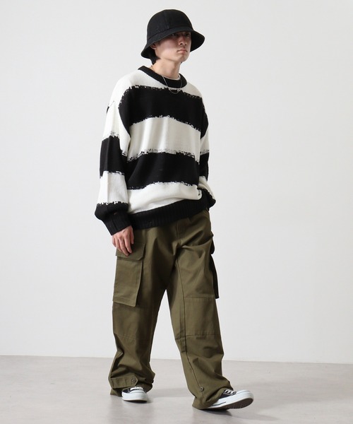 neighborhood／サベージ クルーニット ダメージ加工 セール】Distressed border crew knit / ダメージ加工ボーダー