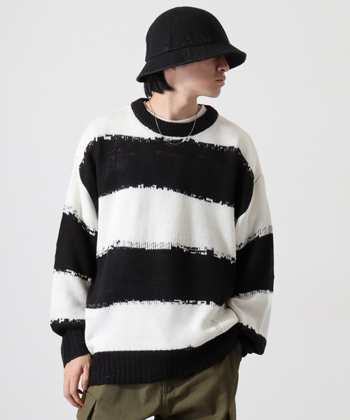 neighborhood／サベージ クルーニット ダメージ加工 セール】Distressed border crew knit / ダメージ加工ボーダー