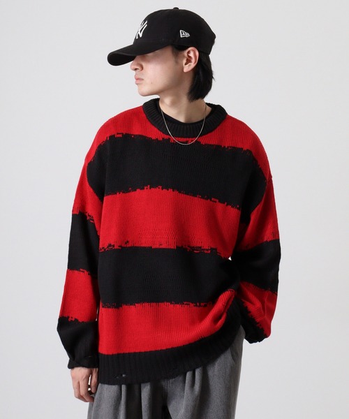 セール】Distressed border crew knit / ダメージ加工ボーダー