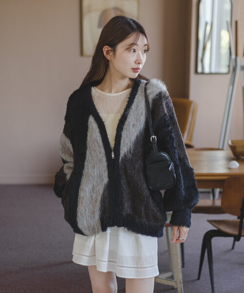 Kastane（カスタネ）の「*【前後2WAY】インターシャニットジップブルゾン（カーディガン/ボレロ・レディース・ピンク/ブラック/アイボリー・FREE）」の12枚目の写真