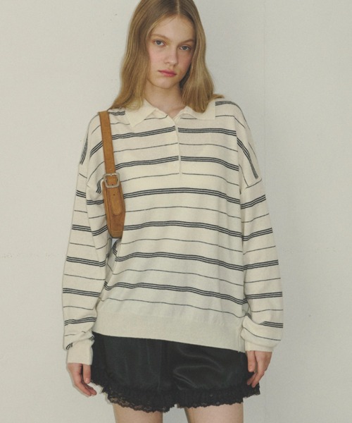 GIUNON（ジウノン）の「thin line polo knit / 細ラインポロニット（ニット/セーター・レディース・アイボリー/グレー/ネイビー・FREE）」の2枚目の写真