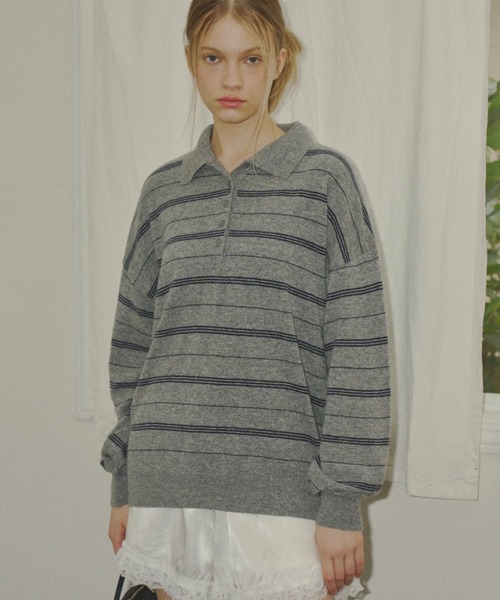 GIUNON（ジウノン）の「thin line polo knit / 細ラインポロニット（ニット/セーター・レディース・アイボリー/グレー/ネイビー・FREE）」の14枚目の写真