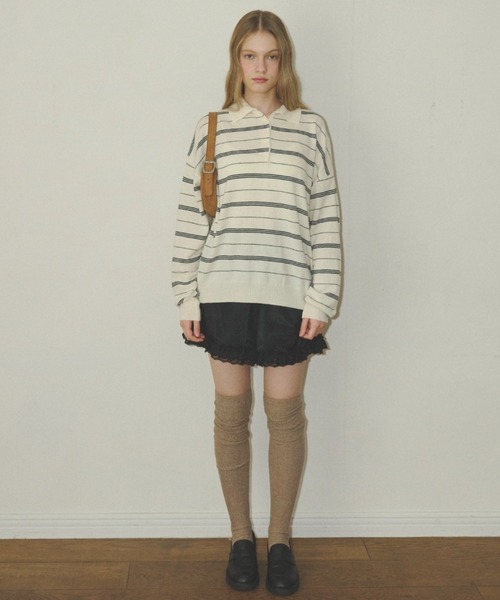 GIUNON（ジウノン）の「thin line polo knit / 細ラインポロニット（ニット/セーター・レディース・アイボリー/グレー/ネイビー・FREE）」の4枚目の写真