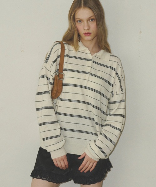 GIUNON（ジウノン）の「thin line polo knit / 細ラインポロニット（ニット/セーター・レディース・アイボリー/グレー/ネイビー・FREE）」の6枚目の写真