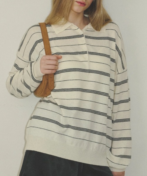 GIUNON（ジウノン）の「thin line polo knit / 細ラインポロニット（ニット/セーター・レディース・アイボリー/グレー/ネイビー・FREE）」の9枚目の写真