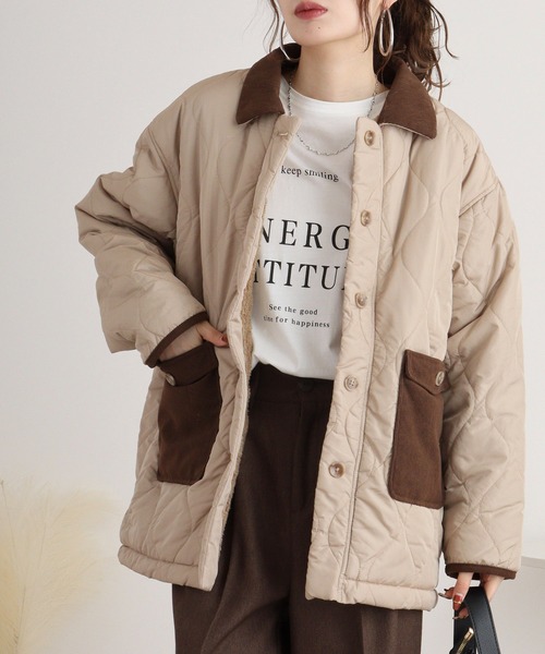 mitis（ミティス）の「mitis コーデュロイ襟 裏ボアウェーブキルトブルゾン（ブルゾン・レディース・ベージュ/ライトカーキ/アイボリー/ブラック・M）」の4枚目の写真