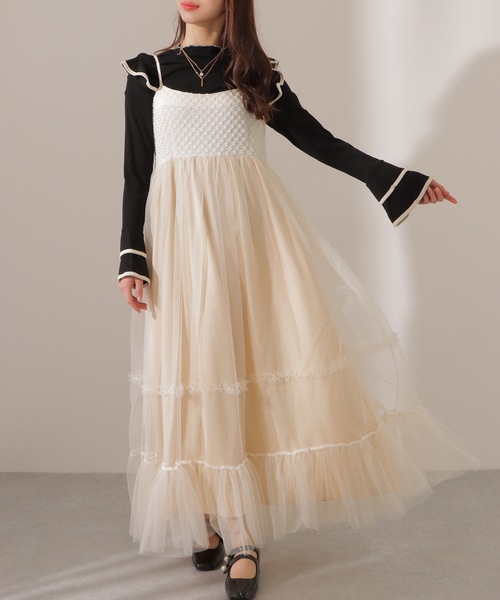 Lace Ladies(レースレディース)の「ハイウエスト ティアード チュール キャミソール ワンピース(ワンピース・レディース・アイボリー/ブラック・FREE)」の2枚目の写真