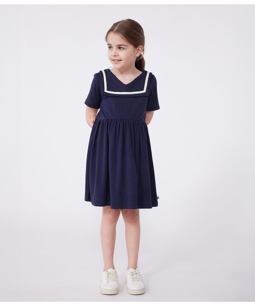 PETIT BATEAU(プチバトー)の「半袖ワンピース(ワンピース・キッズ・ネイビー・6YEAR/8YEAR/10YEAR/12YEAR)」の1枚目の写真