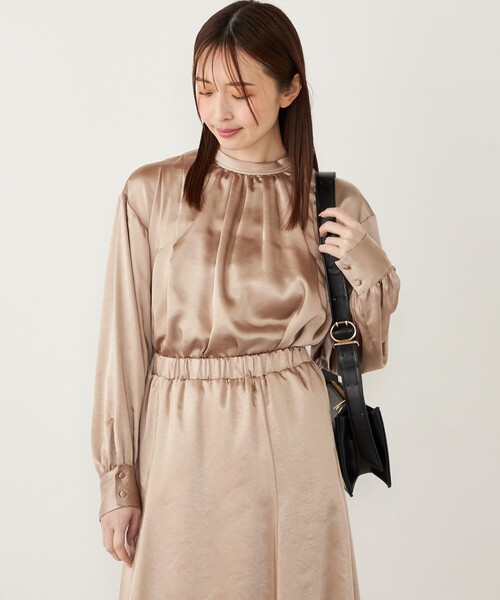 ブラウス シャツ SHIPS Primary Navy Label:麻 レーヨン ノーカラー 羽織 レディース セール】SHIPS Colors:〈手洗い可能〉サテン ハイネック タック
