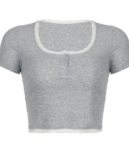tシャツ レースフロントボタンクロップドニットTシャツ レディース メンズ レースフロントボタンクロップドニットTシャツ（Tシャツ