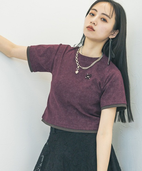 HARE(ハレ)の「ポイントシシュウタイトTシャツ(HARE)(Tシャツ/カットソー・レディース・ブラック/パープル・FREE)」の1枚目の写真