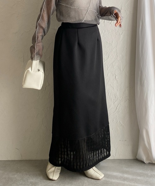 She's Closet(シーズクローゼット)の「カットレースドッキングハイウエストIラインタイトロングスカート(スカート・レディース・ブラック/アイボリー/オフホワイト/グリーン・FREE)」の3枚目の写真