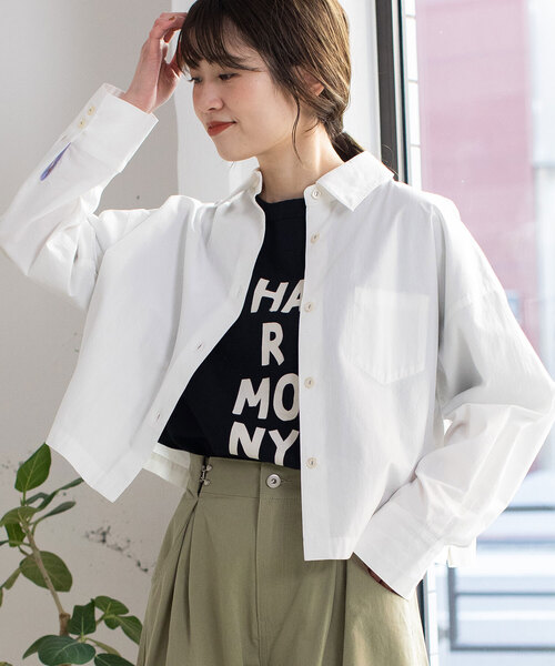 POU DOU DOU（プードゥドゥ）の「レギュラーカラークロップドシャツ（シャツ/ブラウス・レディース・ダークグレー/ブルー/オフホワイト・M）」の2枚目の写真