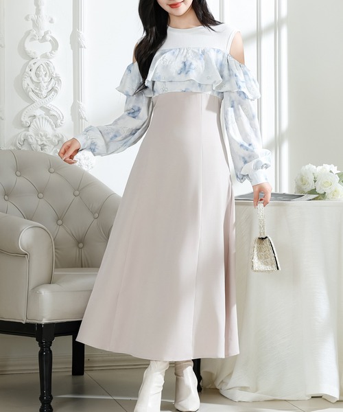 Lace Ladies(レースレディース)の「花柄 オフショル ブラウス ドッキング ロング ワンピース(ワンピース・レディース・ピンク/ブルーグレー/グレイッシュベージュ・FREE/S)」の2枚目の写真