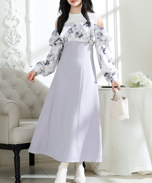 Lace Ladies(レースレディース)の「花柄 オフショル ブラウス ドッキング ロング ワンピース(ワンピース・レディース・ピンク/ブルーグレー/グレイッシュベージュ・FREE/S)」の1枚目の写真