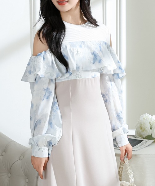 Lace Ladies(レースレディース)の「花柄 オフショル ブラウス ドッキング ロング ワンピース(ワンピース・レディース・ピンク/ブルーグレー/グレイッシュベージュ・FREE/S)」の9枚目の写真