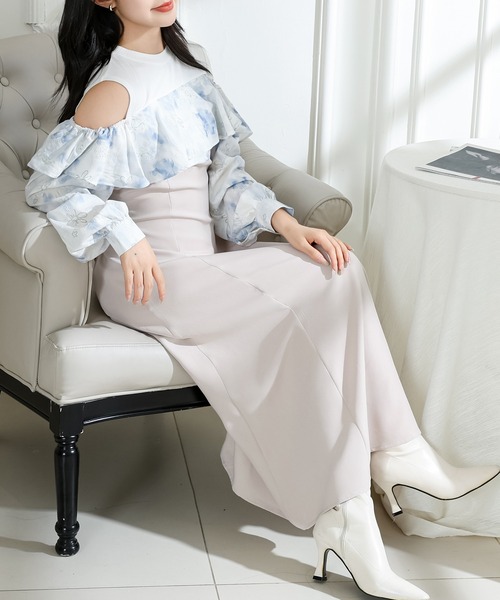 Lace Ladies(レースレディース)の「花柄 オフショル ブラウス ドッキング ロング ワンピース(ワンピース・レディース・ピンク/ブルーグレー/グレイッシュベージュ・FREE/S)」の14枚目の写真