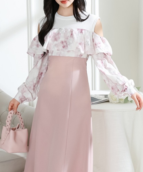 Lace Ladies(レースレディース)の「花柄 オフショル ブラウス ドッキング ロング ワンピース(ワンピース・レディース・ピンク/ブルーグレー/グレイッシュベージュ・FREE/S)」の5枚目の写真