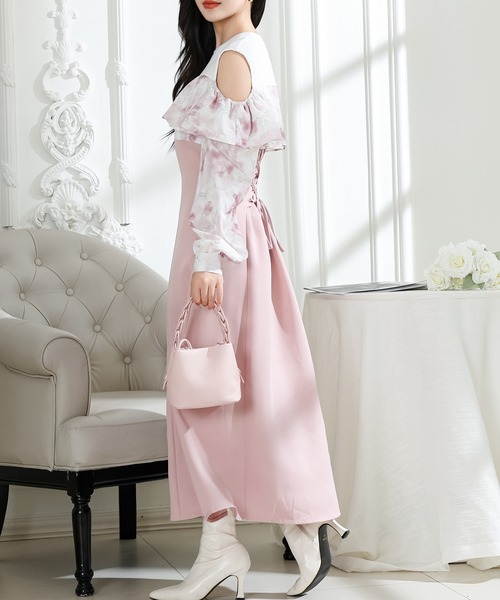 Lace Ladies(レースレディース)の「花柄 オフショル ブラウス ドッキング ロング ワンピース(ワンピース・レディース・ピンク/ブルーグレー/グレイッシュベージュ・FREE/S)」の6枚目の写真
