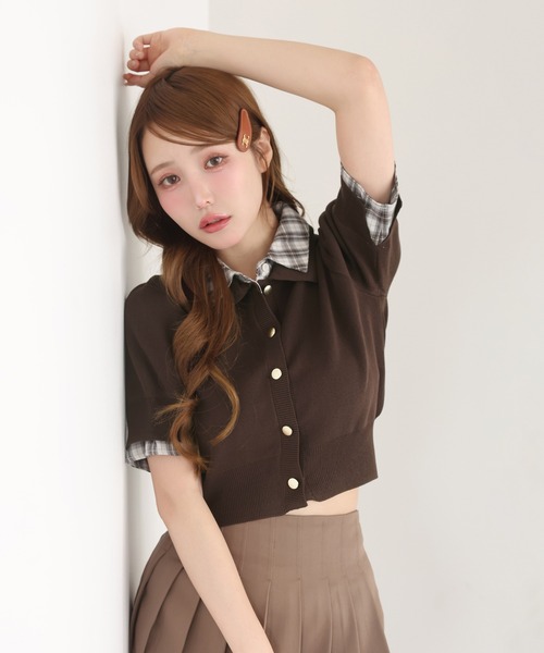 one after another NICE CLAUP（ワンアフターアナザーナイスクラップ）の「レイヤード襟付きポロニット（ニット/セーター・レディース・ネイビー/ベージュ/サックスブルー/杢グレー/ブラウン/ブラック/グレー×ピンク・FREE）」の4枚目の写真