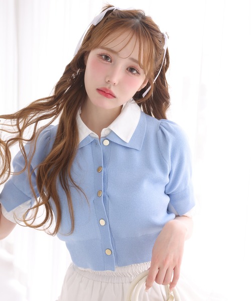 one after another NICE CLAUP（ワンアフターアナザーナイスクラップ）の「レイヤード襟付きポロニット（ニット/セーター・レディース・ネイビー/ベージュ/サックスブルー/杢グレー/ブラウン/ブラック/グレー×ピンク・FREE）」の7枚目の写真