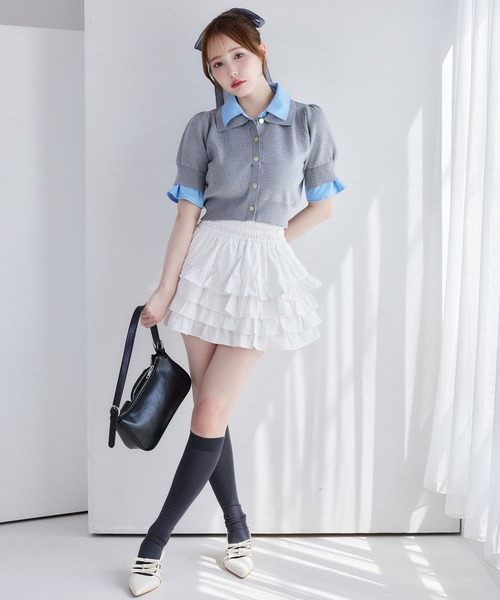 one after another NICE CLAUP（ワンアフターアナザーナイスクラップ）の「レイヤード襟付きポロニット（ニット/セーター・レディース・ネイビー/ベージュ/サックスブルー/杢グレー/ブラウン/ブラック/グレー×ピンク・FREE）」の22枚目の写真